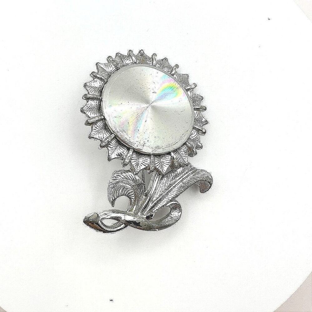 Vintage 90s Silver Tone Sunflower Brooch Pin Iridescent Women's Classic Jewelry
